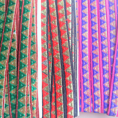 Blue, Fuchsia And Bronze Thread Triangle Embroidery One Yard Lace Trim 18mm Wide - 200317L302